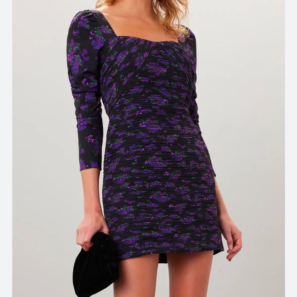 AMUR Giulia NWOT size0 pleated black w purple floral mini dress